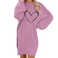 Womens Fuzzy Fleece Dresses Heart Printed Long Sleeve Knitted Sweater Dresses Comfy Round Neck Loose Fitted Pullover Dress