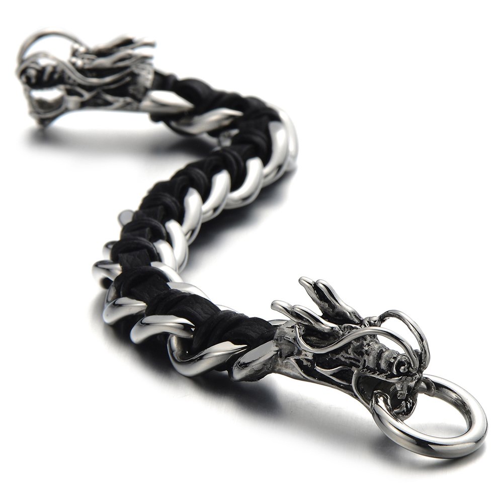 COOLSTEELANDBEYOND Stainless Steel Mens Dragon Curb Chain Bracelet Interwoven with Genuine Leather Strap