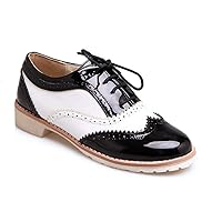 Women's Two Tone Flat Saddle Oxfords Shoes Wingtip Perforated Lace Up Low Heel Vintage Oxford Brogues