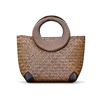 Hand-woven Womens Straw Boho Handbag Bag for Women, Summer Beach Rattan Tote Travel Bag with Wood Round Top Handle