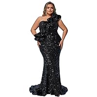 Women's Plus Size One Shoulder with Ruffle Detail Sequin Mermaid Prom Dresses Formal Evening Gowns