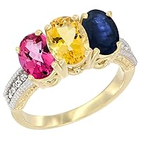 10K Yellow Gold Natural Pink Topaz, Citrine & Blue Sapphire Ring 3-Stone Oval 7x5 mm Diamond Accent, Sizes 5-10