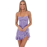 Spaghetti Strap Sequin Homecoming Dress for Teens Cowl Neck Ruffle Hem Short Cocktail Party Gown YK817
