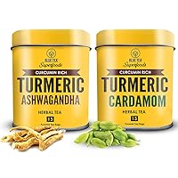 BLUE TEA Turmeric Ashwagandha Tea + Turmeric Cardamom Tea || COMBO PACK || 18 Pyramid Shaped Eco-conscious Teabags - Vegan - Non-GMO - Caffeine-free – Eco-Conscious Premium Tin packs