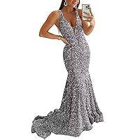 Sparkly Sequin Prom Dresses for Women Long Mermaid Deep V-Neck Formal Evening Party Gowns
