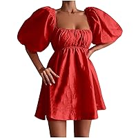 Womens 2023 Summer Short Puff Sleeve Square Neck Cotton Linen Mini Dress High Waist Fashion Casual Solid Sexy Dress