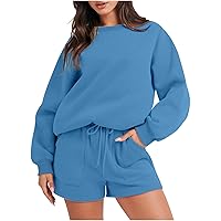 Oversized Sweatsuit For Women 2 Piece Outfits Sweatshirts And Lounge Shorts Set Casual Cozy Tracksuit Jogger Suit Lounge Shorts Women Two Piece Pajamas Set Fleece