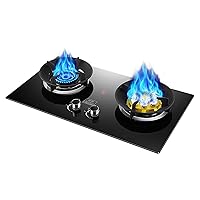 Gas Stove Gas Cooktop 2 Burners, Drop-in Tempered Glass Gas Cooker, Household Kitchen Dual Burner Gas Hob, 90 min Timing, Easy to Clean, Black