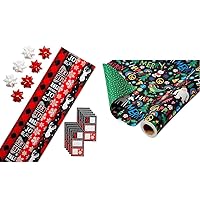American Greetings 120 sq. ft. Red and Black Christmas Wrapping Paper Set & 175 sq. ft. Reversible Black Christmas Wrapping Paper For Kids, Dinosaurs, Yetis and Unicorns (1 Jumbo Roll 30 in. x 70 ft.)