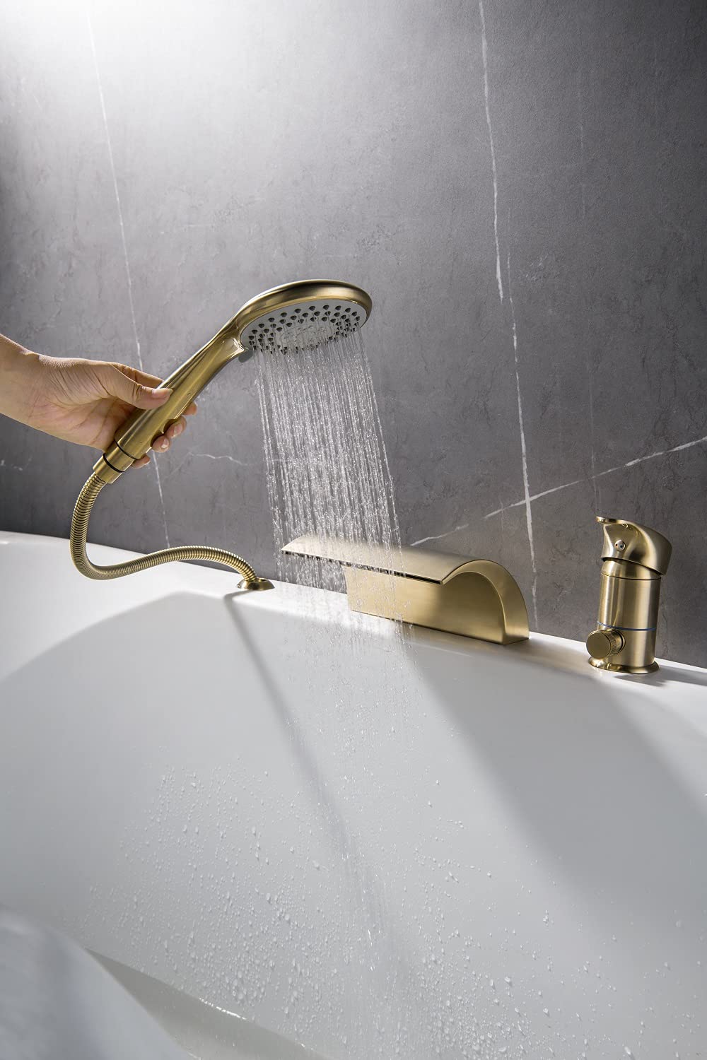 Roman Tub Faucet Brushed Gold Three Holes with Waterfall Tub Spout Filler with Hand Shower High Flow