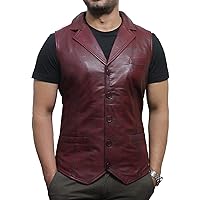 Mens Leather Waistcoat Genuine Lambskin Vest (Burgundy, XXL)