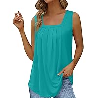 Women's Tank Tops 2024 Summer Square Neck Sleeveless Casual Blouse Solid/Print Pleated Loose Fit Shirts