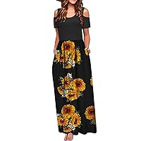 Women's Bohemian Round Neck Trendy Beach Swing Print Dress Casual Summer Flowy Short Sleeve Long Floor Maxi
