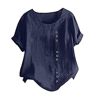 Cotton Linen Tops for Women Plus Size Short Sleeve Button Down Shirt Basic Plain Loose Fit Tunic Summer Casual Blouse