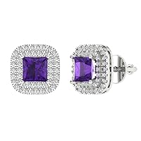 2.99 ct Princess Round Cut Double Halo Solitaire Natural Amethyst Designer Solitaire Stud Screw Back Earrings 14k White Gold