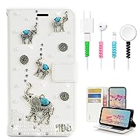STENES Bling Wallet Phone Case Compatible with iPhone 14 Case - Stylish - 3D Handmade Retro Elephant Glitter Magnetic Wallet Leather Cover with Cable Protector [4 Pack] - White