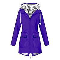 Women Waterproof Rain Jacket Hood Windbreaker Hiking Travel Packable Plus Size Long Raincoat Lightweight Lined Coats