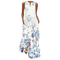 Women's Casual Dress Ethnic Printed Vintage V Neck Gowns Kaftan Irregular Hem Maxi Dress Long Dress with Pockets (5-White,8) 0537