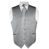 Vesuvio Napoli Men's Dress Vest & NeckTie SILVER GREY Vertical Striped Design Gray Neck Tie Set