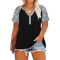 RITERA Plus Size Tops for Women 4X Short Sleeve Tunic Casual Color Block V Neck Raglan Button Up Henley Summer Shirt 4XL 26W Black White Zebra