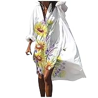 Summer Long Sleeve Camping Dress for Women Mid Length Classic V Neck Patterned Thin Fit Comfort Ruched