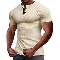 Lace Up Muscle Henley Shirts for Men Short Sleeve Slim Fit Vintage Waffle Knit Shirts V Neck Sports Gym Baseball Tee Tops