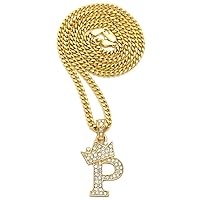 Letter Initial Crowned Pendant Gold Color with 24 Inch Link Cuban Necklace