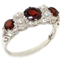 925 Sterling Silver Natural Garnet and Cultured Pearl Womens Band Ring - Sizes 4 to 12 Available