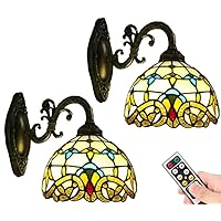 8'' Tiffany Sconces Wall Lights Battery Operated Wall Lamp 2 Pack,Indoor No Wire LED Rechargeable Wall Lights Timer Dimmable Vintage Remote Wall Sconce light Fixture for Bedroom Living Room Vanity