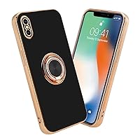 Case Compatible with Apple iPhone X/XS in Glossy Black - Gold with Ring - Protective Cover Made of Flexible TPU Silicone, with Camera Protection and Magnetic car Holder