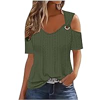 Women Sexy Cold Shoulder Eyelet Tops O-Neck Short Sleeve Loose Fit T Shirts Solid Color Summer Shirt Blouse Tops