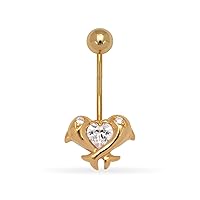 14k Yellow Gold CZ Cubic Zirconia Simulated Diamond 14 Gauge Dangling Dolphins Body Jewelry Belly Ring Measures 24x11mm Jewelry for Women