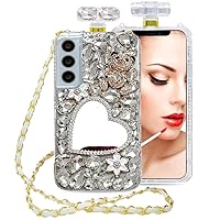 for Samsung Galaxy S24 / S24 Ultra / S24 Plus Bling Diamond Silicone Phone Case,with Long Crossbody Leather Lanyard,Makeup Mirro Case,Cute Bear Shell (Bear, Galaxy S24 Ultra)