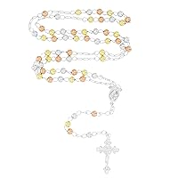 DECADENCE Solid 925 Sterling Silver Tricolor Diamond Cut 3mm-5mm Italian Virgin Mary Rosary Bead Cross Necklace | Made In Italy | 925 Sterling Silver Rosary Y Necklace Chain for Women And Men