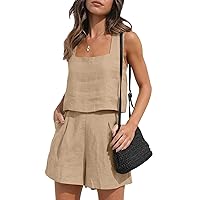 Biivrii Womens 2 Piece Outfits Lounge Matching Sets Linen Crop Vest Tops and Shorts with Pockets Set Beach Summer Streetwear