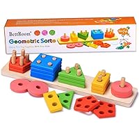Wooden Educational Preschool Toddler Toys for 3 4-5 Year Old Boys Girls Shape Color Recognition Geometric Board Blocks Stack Sort Kids Children Non-Toxic Toy(14IN)