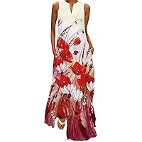 Plus Size Long Maxi Sundress Women's Funny Floral Print Tank Dress Summer Sleeveless V Neck Beach Dress with Pockets