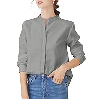 Women's Mandarin Collar Button-Down Shirts Casual Cotton Linen Long Sleeve Blouses