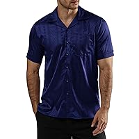 VATPAVE Mens Summer Jacquard Silk Shirts Casual Button Down Short Sleeve Hawaiian Shirt with Pocket