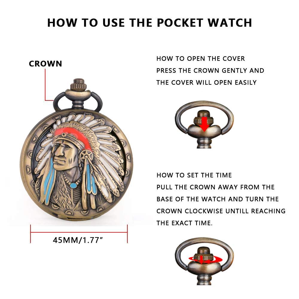 Tiong Engraved Ancient Native Indian Pattern Quartz Pocket Watch Design Antique Souvenir Gifts