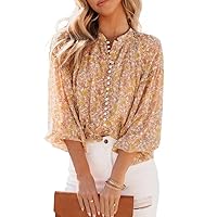 SHEWIN Women's Tops Casual V Neck Lantern Long Sleeve Boho Floral Print Button Down Shirts Chiffon Blouses