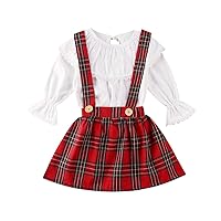 2Pcs Toddler Baby Girl Kids Clothing Set Pink Ruffle Long Sleeve Top + Plaid Suspender Skirt Dress Fall Outfits