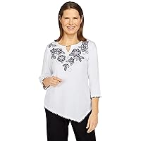 Alfred Dunner Women's Embroidered Floral Yoke Asymmetrical Top