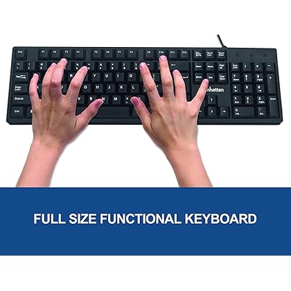 Manhattan Wired Computer Keyboard – Basic Black Keyboard - with 4.5ft USB-A Cable, 104-keys, Foldable Stands - Compatible for Windows, PC, Laptop - 3 Yr Mfg Warranty – 179324