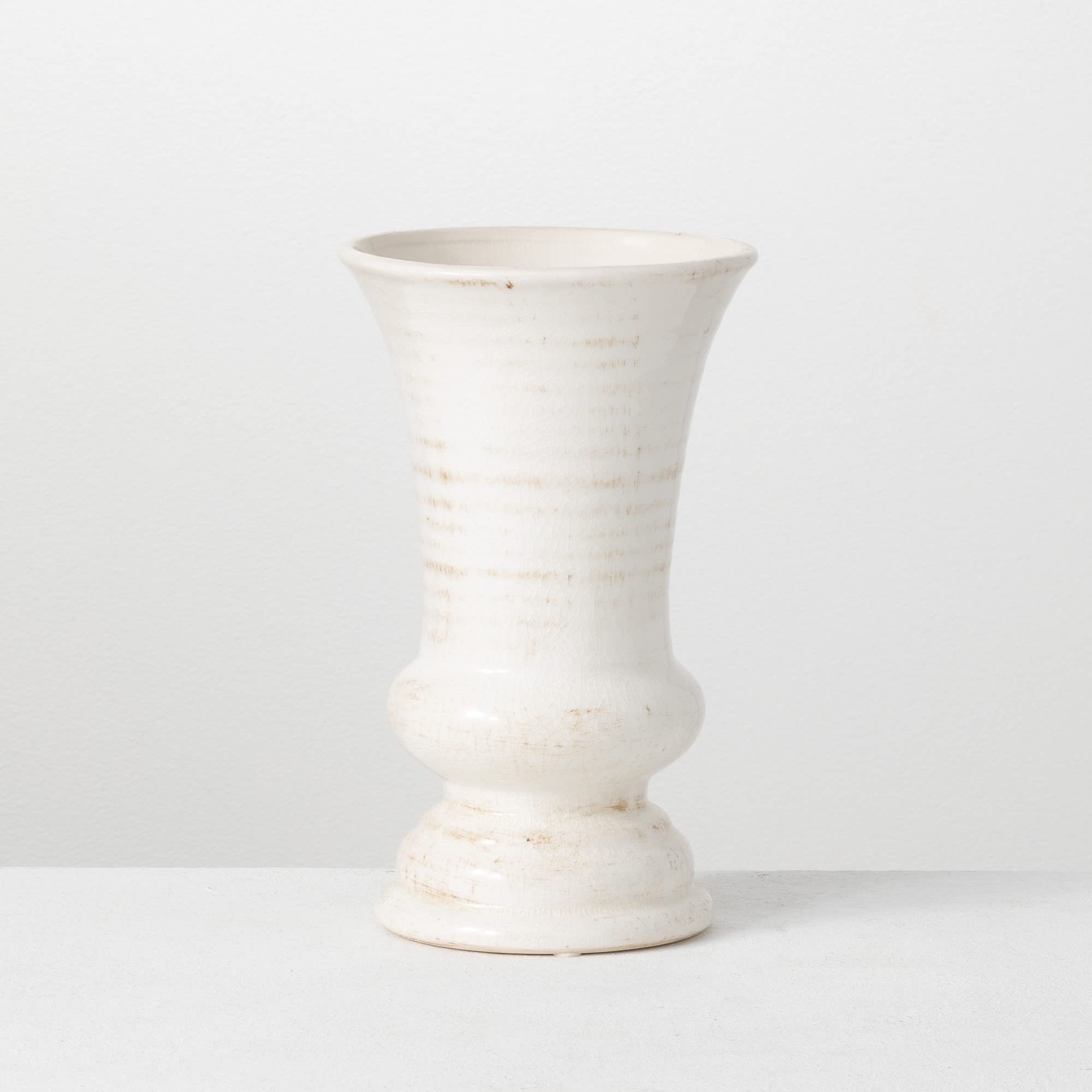 Sullivans Modern Farmhouse Decorative Ceramic Vase, 6 x 6 x 10 inches, Distressed Decoration for Farmhouse Décor, Off-White Crackled Finish, Faux Floral Vase, Table Décor for Dining or Living Room