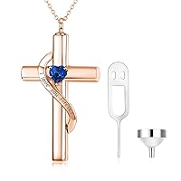 SOULMEET Crystal Cross Necklace for Ashes, Sterling Silver I Love You Forever Birthstone Cross Urn Necklaces for Ashes Keepsake Cremation Jewelry for Pet Human Ashes