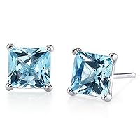 Peora Solid 14K White Gold Swiss Blue Topaz Earrings for Women, 2.50 Carat total Princess Cut, Genuine Gemstone Birthstone Solitaire, AAA Grade, Friction Back