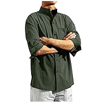 Men's Casual Summer Button Down Linen Shirts Half Sleeve Cotton Beach Tops with Pocket Solid Banded Collar Shirt