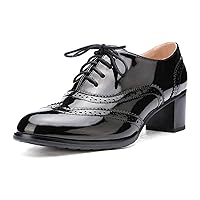 Women's Leather Classic Lace Up Platform Chunky Mid-Heel Square Toe Oxfords Dress Pump Shoes Ladies Elegant Vintage Chunky