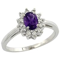 14K White Gold Natural Amethyst Flower Diamond Halo Ring Oval 6x4 mm, sizes 5-10